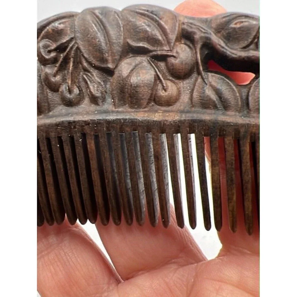 Hand‑Carved Wooden Comb w/ Engraved Cherries & Beaded Tassel